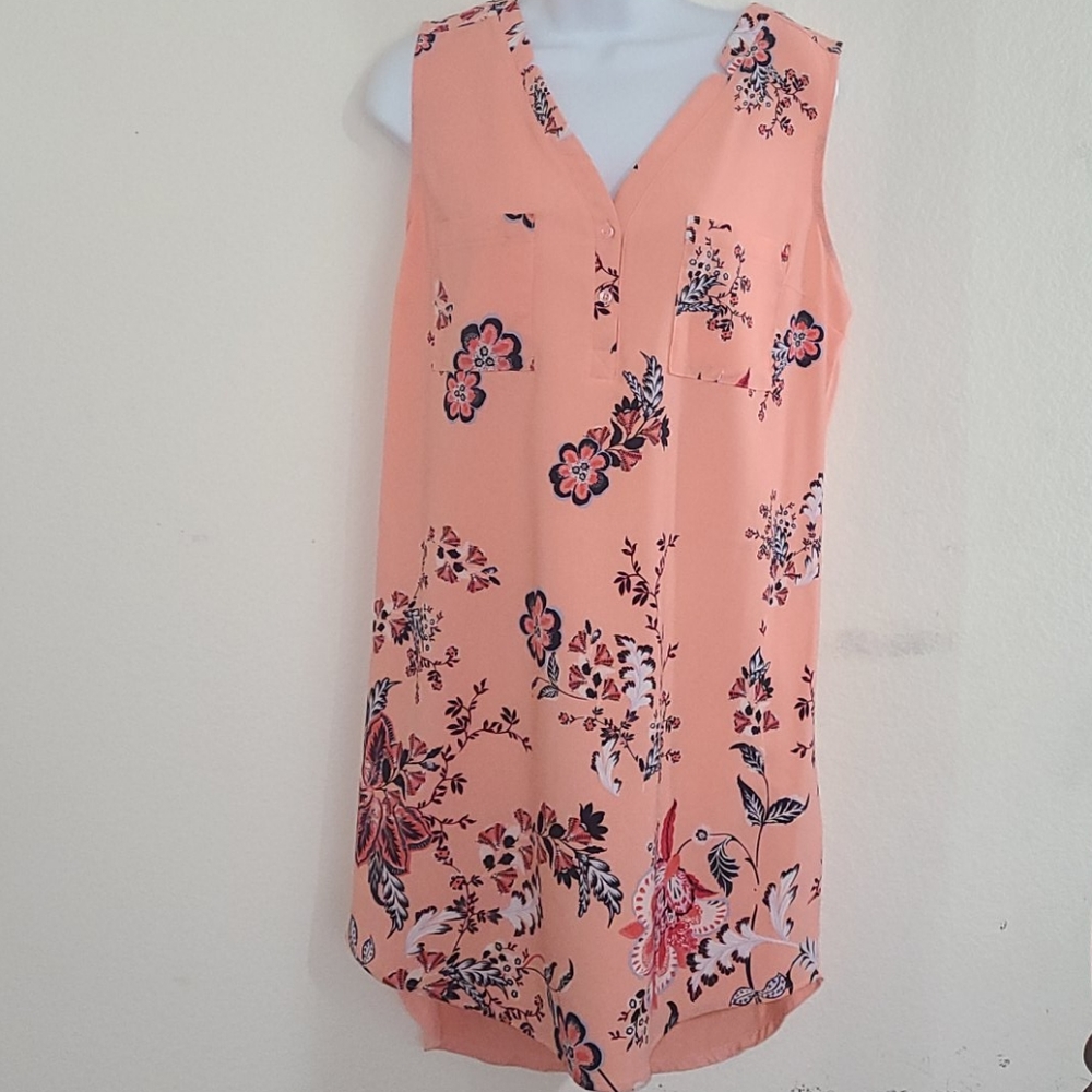 Coral Pink Flower Print Sleeveless  Shirtdress